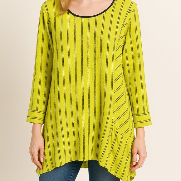 Ali Miles Tunic Size 1X Striped Yellow Artsy Pocket Button Lagenlook Corpcore - Picture 1 of 10